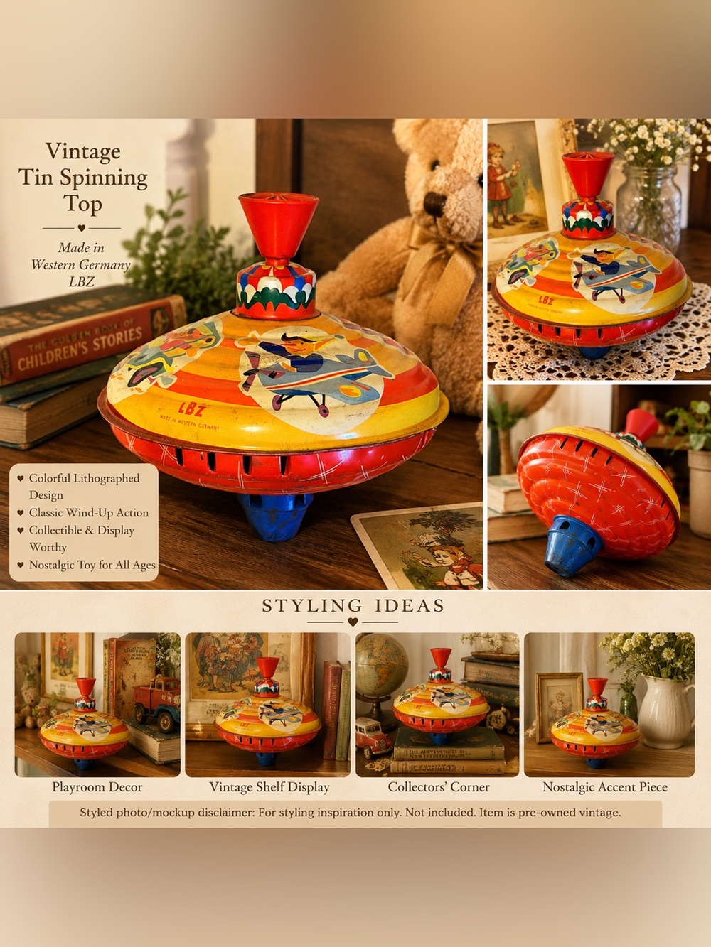 Vintage LBZ Tin Spinning Top Toy Made in Western Germany | Mid Century - Picture 2 of 9